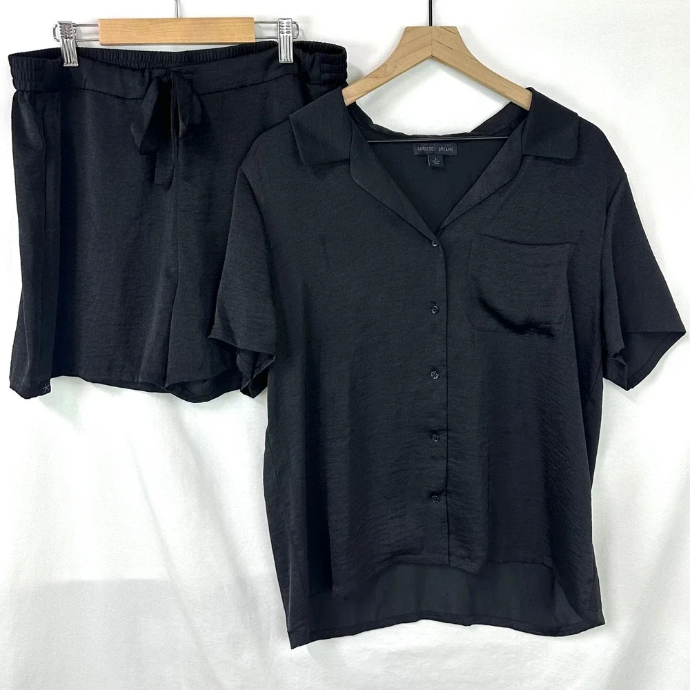 BAREFOOT DREAMS Black Washed Satin PJ Pajama Set Cropped Shirt Shorts Women's L